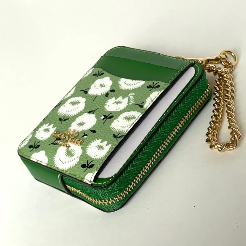 Coach Zip Card Case CBL79 Floral Print Kelly Green Multi Coated Canvas Chain - Picture 5 of 7
